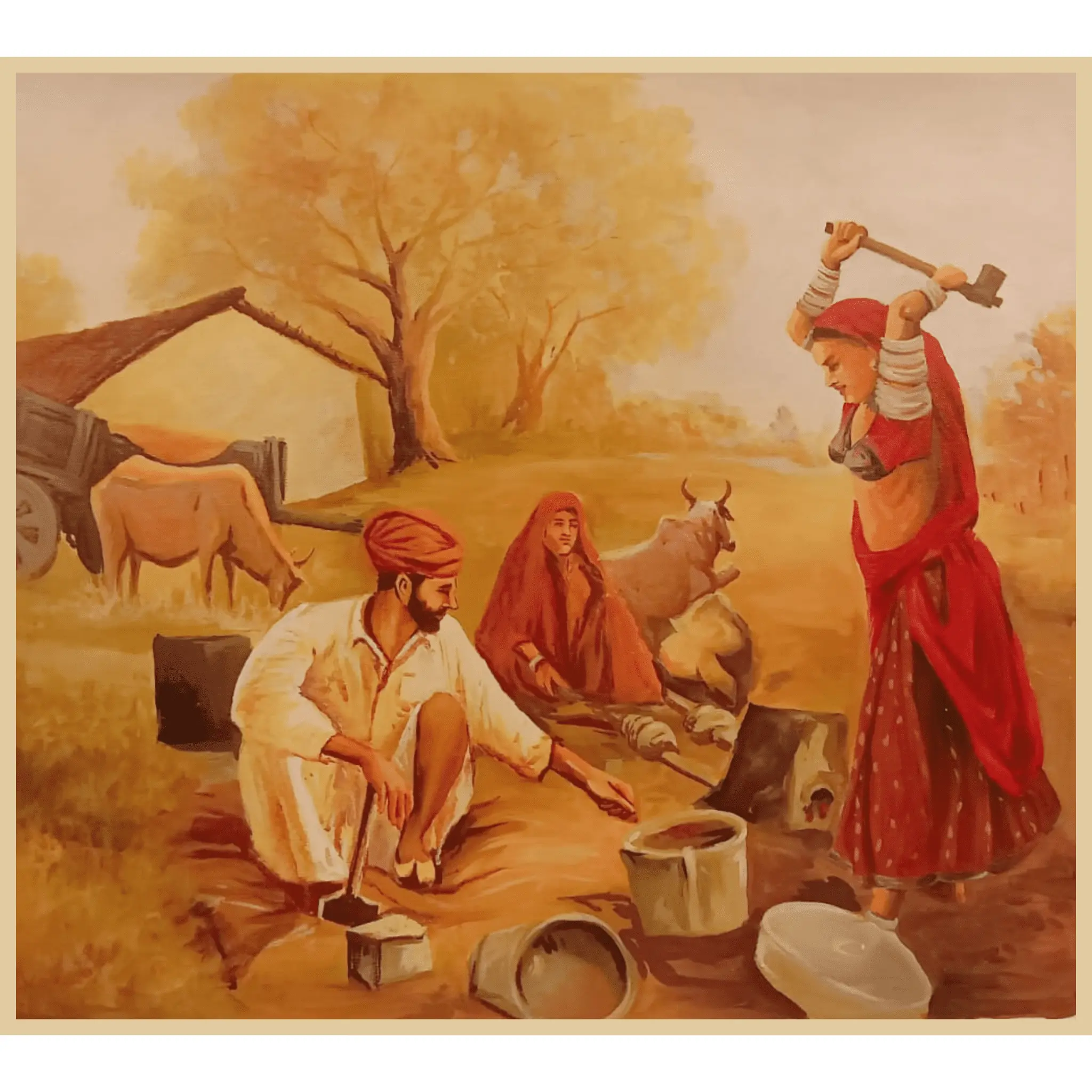 Village Blacksmith Oil Painting – Handmade Rural Labor Artwork