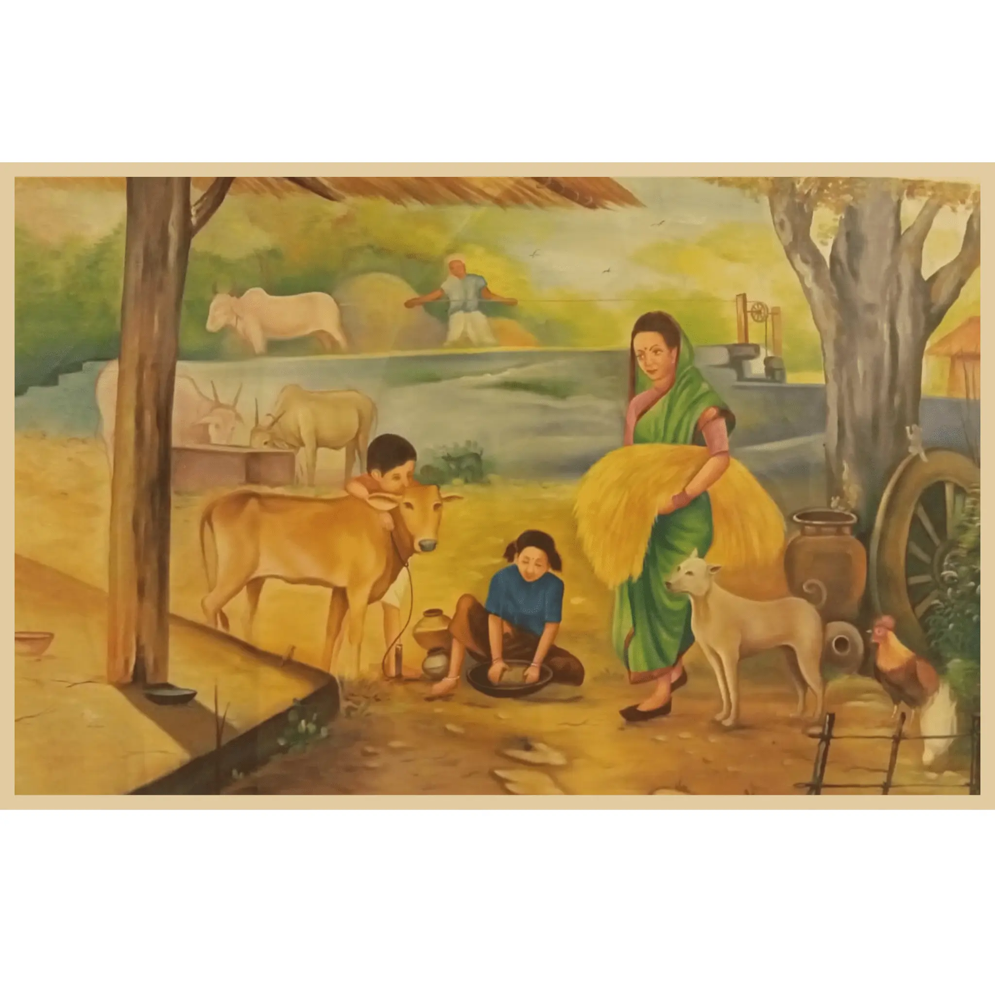 Village Life Oil Painting – Farm Family with Cattle
