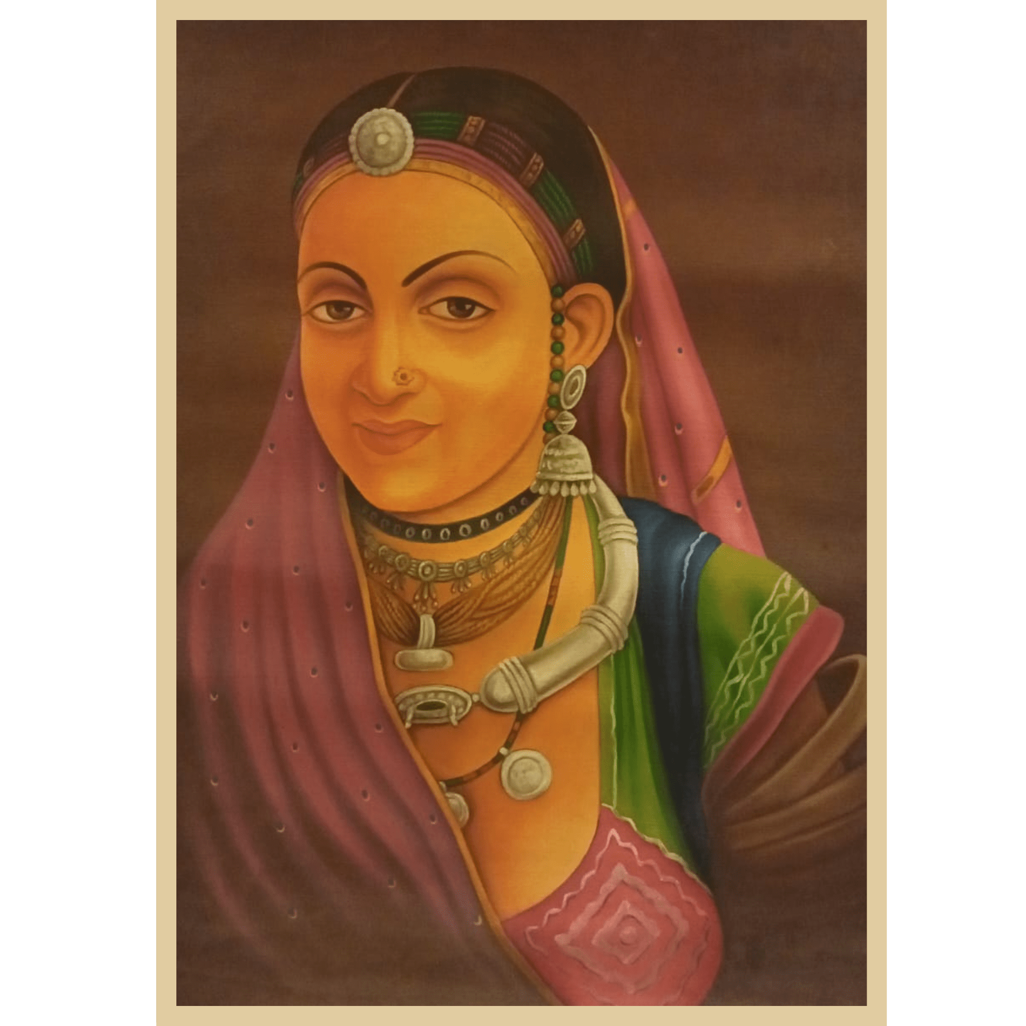 Rajasthani Woman Portrait Oil Painting – Handmade Traditional Wall Art