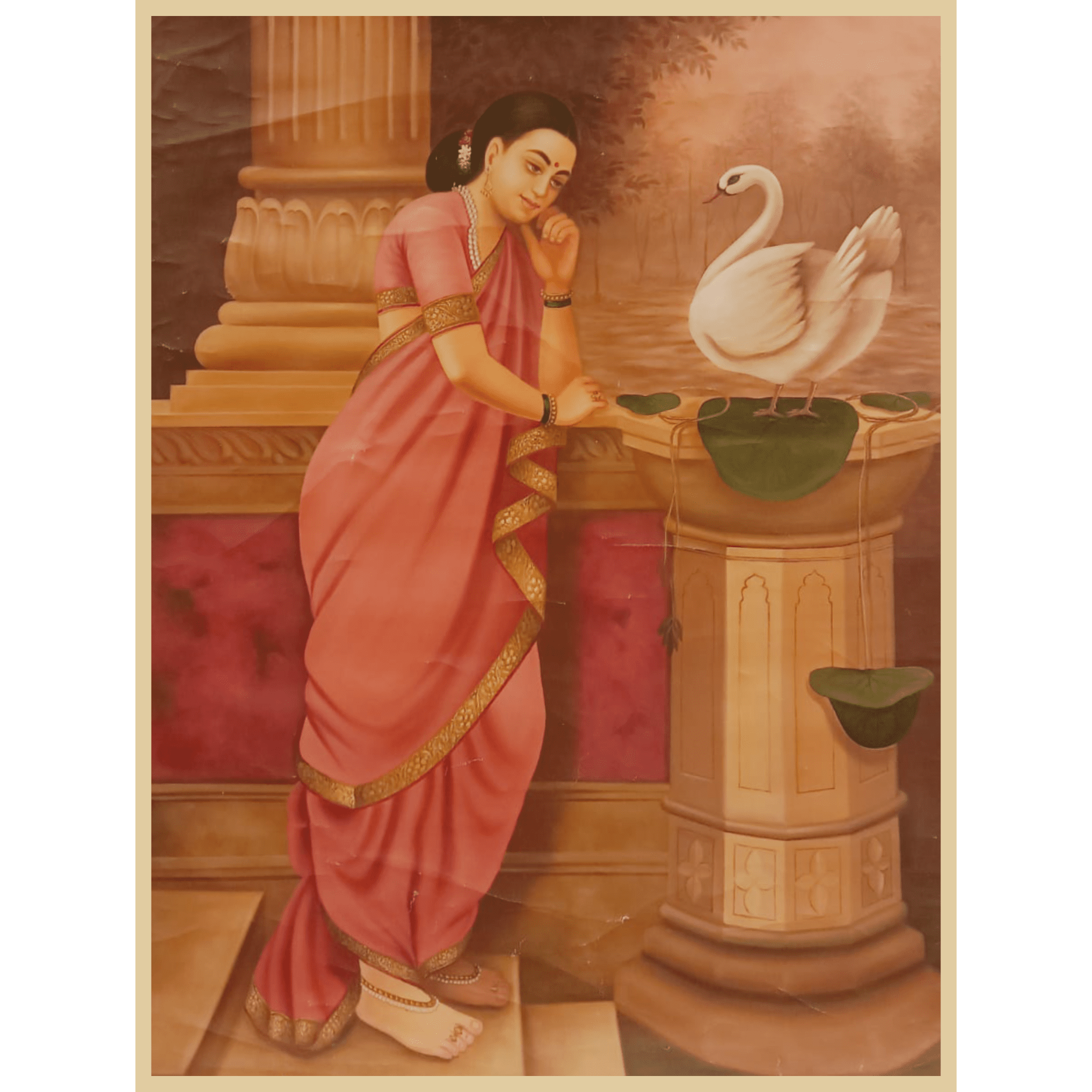 Indian Woman with Swan – Handmade Oil Painting on Canvas