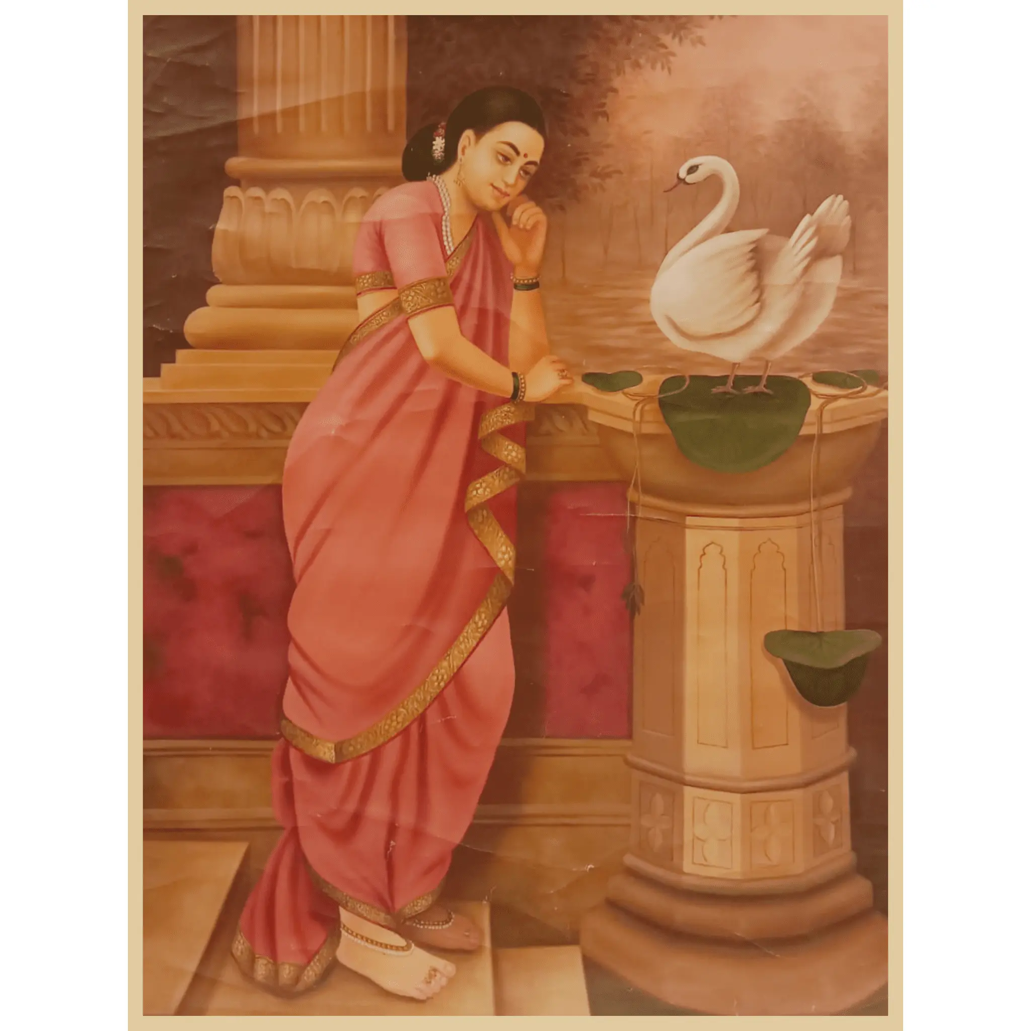 Hamsa Damayanti – Indian Woman with Swan Oil Painting