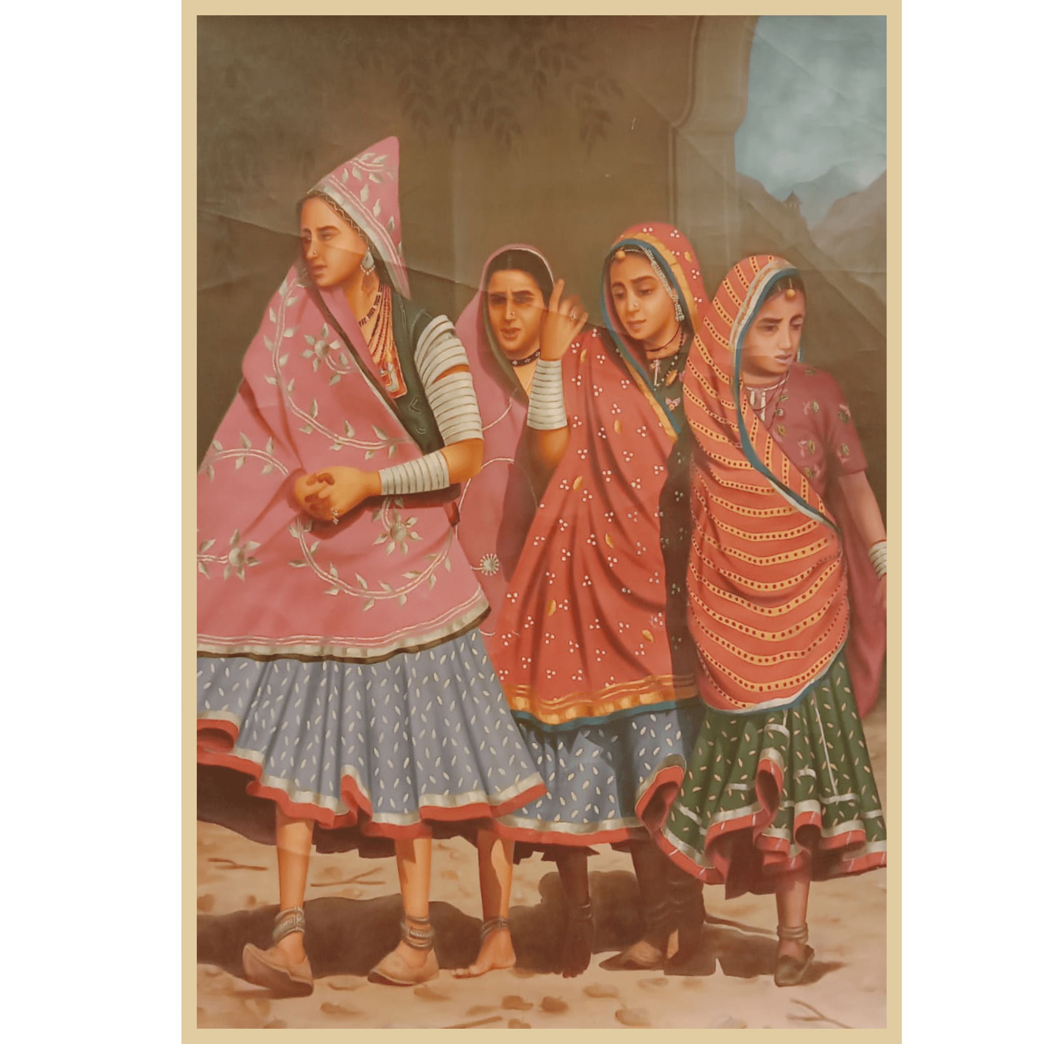 Three Women in Traditional Attire – Oil Painting