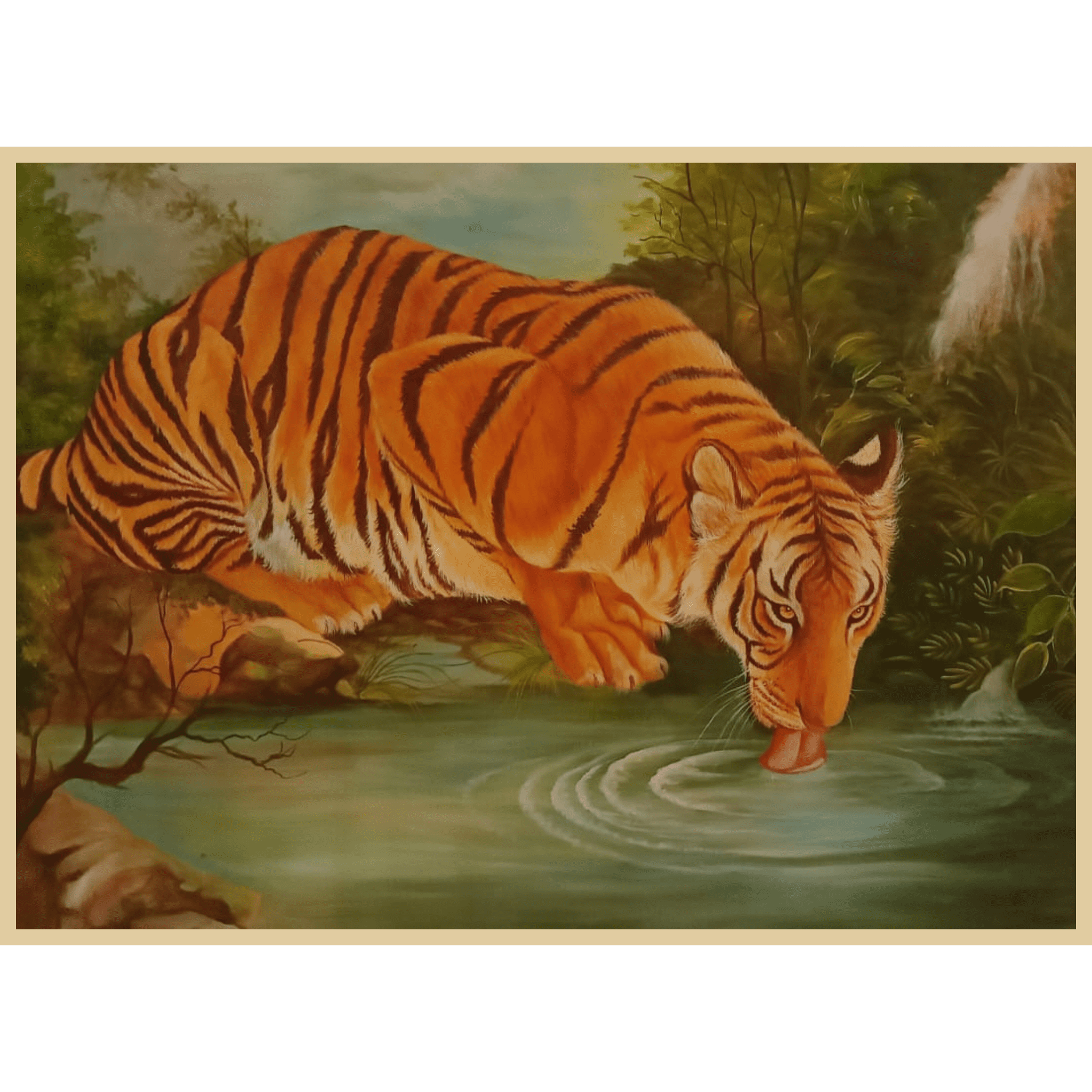 Tiger Drinking Water – Handmade Wildlife Oil Painting on Canvas