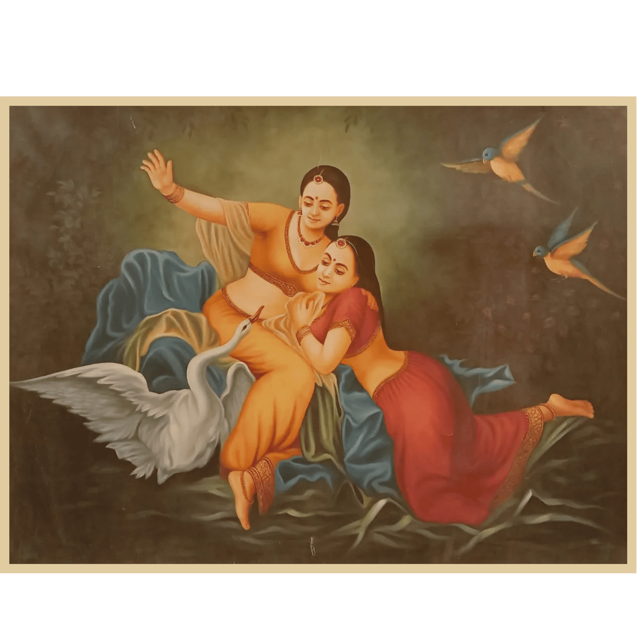 Two Women with Swan & Birds – Handmade Oil Painting on Canvas