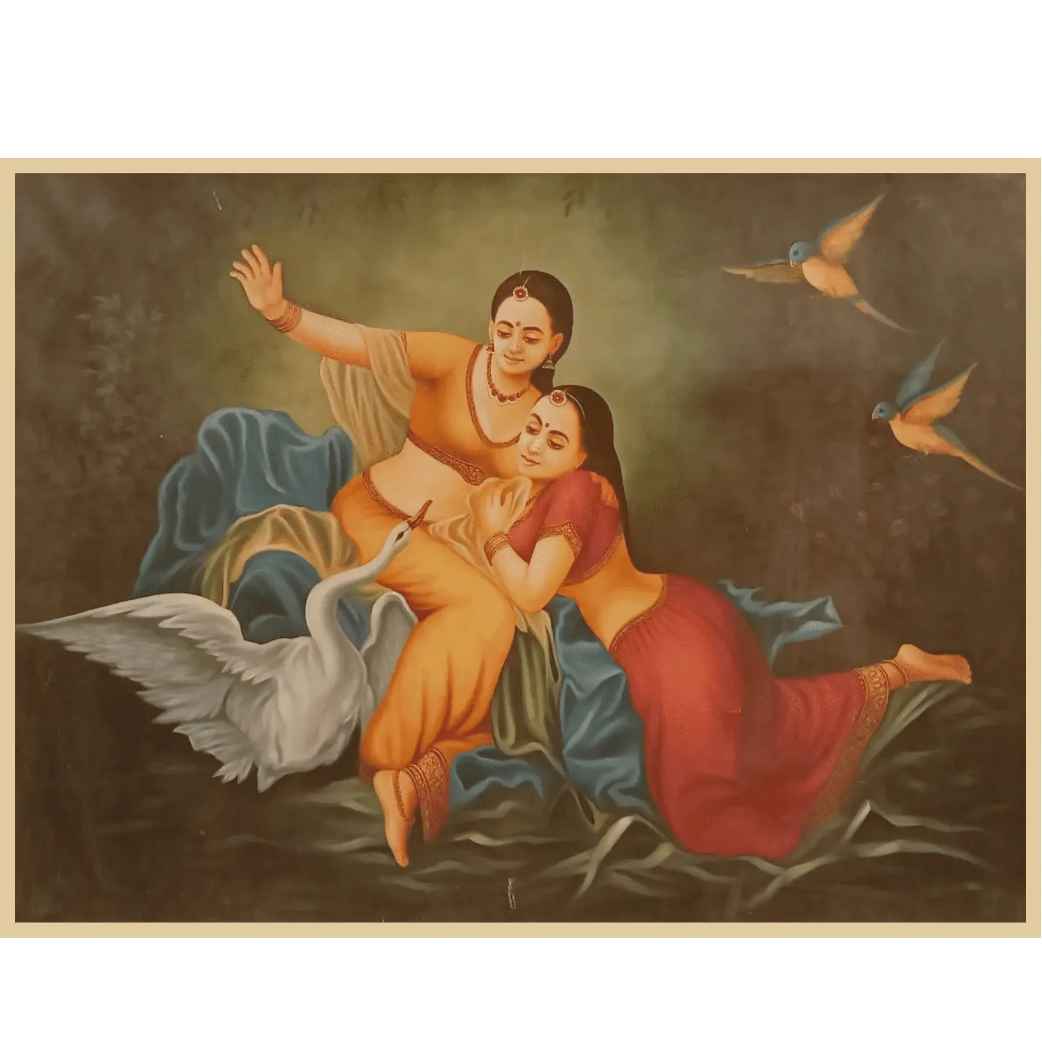 Two Women with Swan – Hamsa Damayanti Inspired Oil Painting