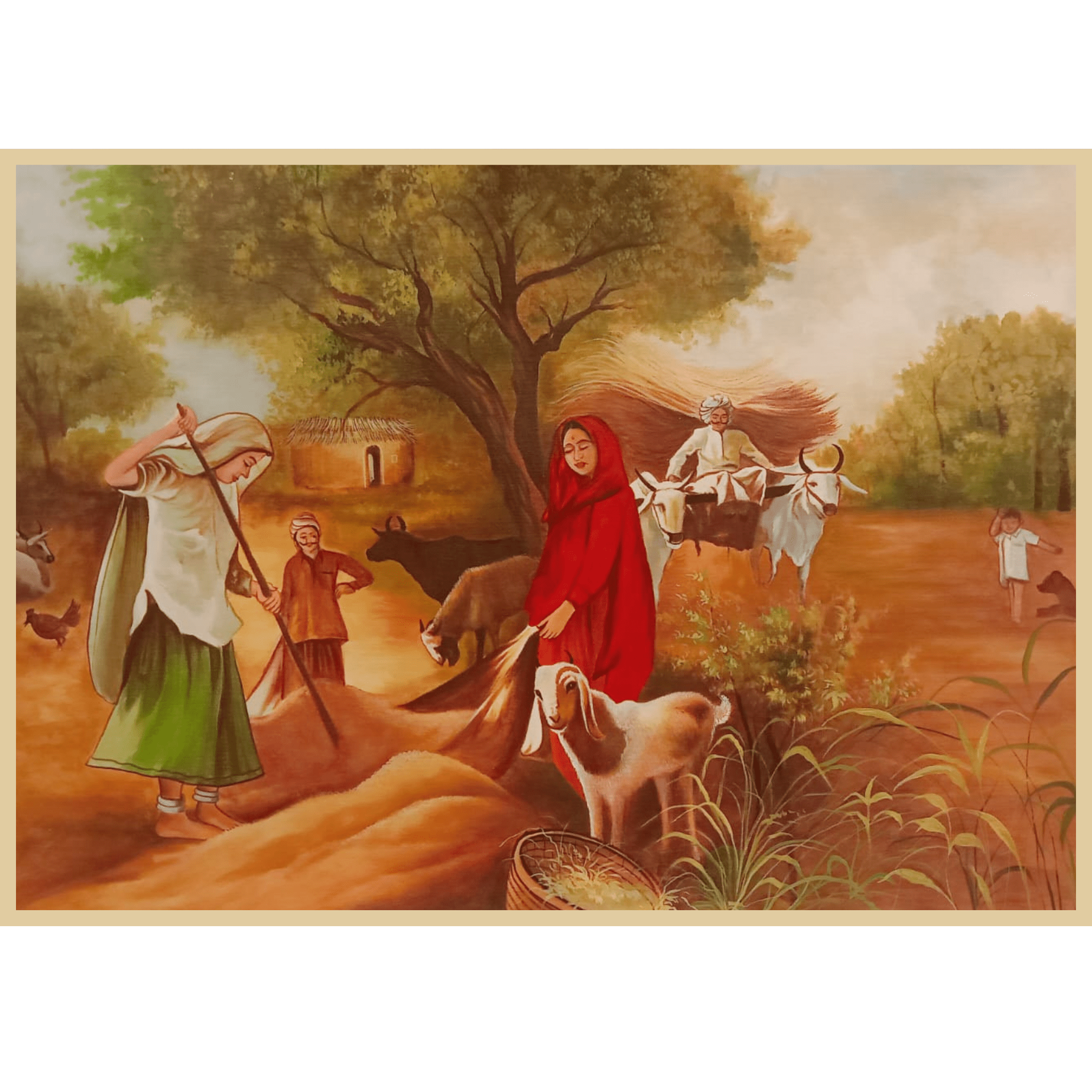 Indian Village Harvest – Handmade Oil Painting on Canvas