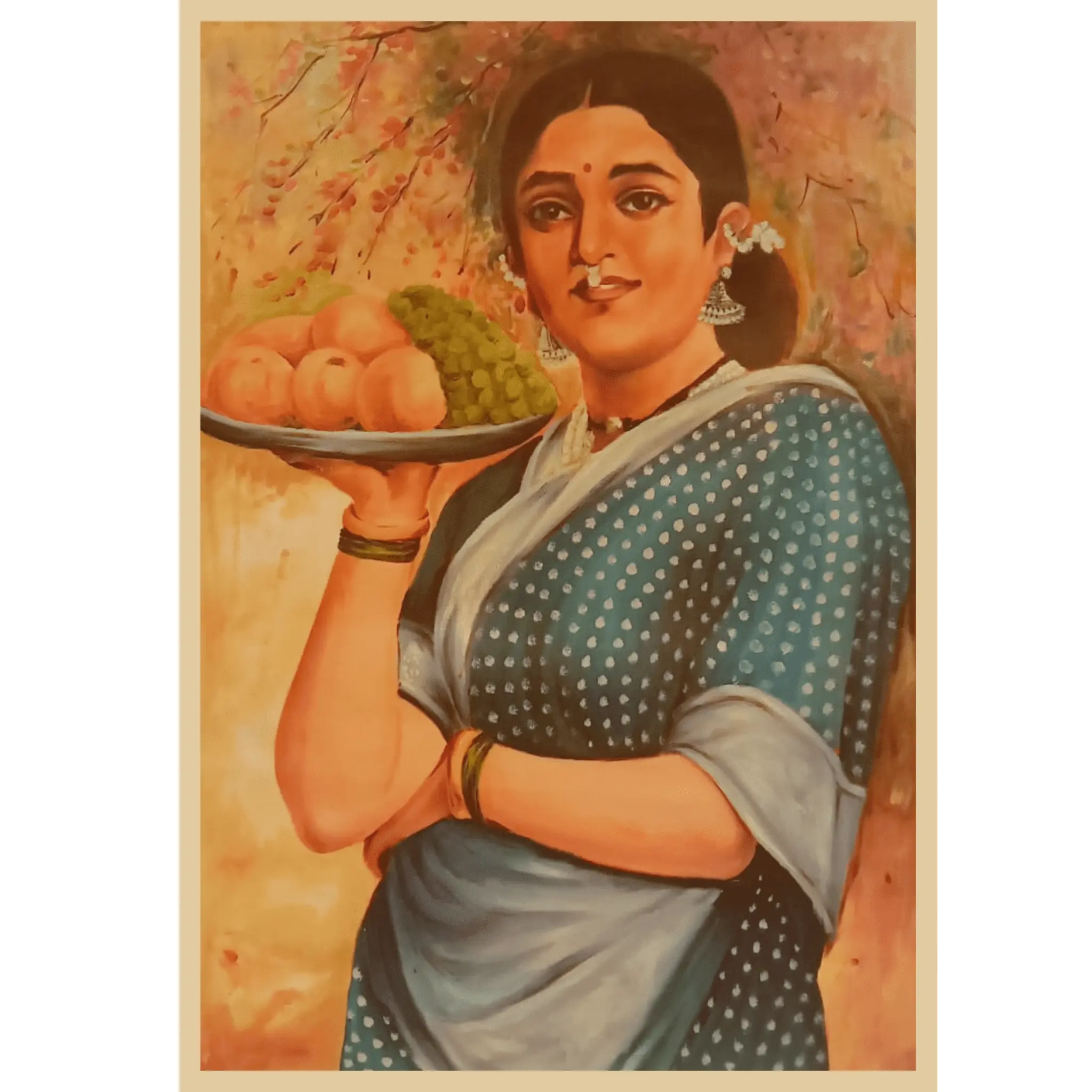 Indian Lady Portrait – Woman with Fruit Platter (Raja Ravi Varma Style)