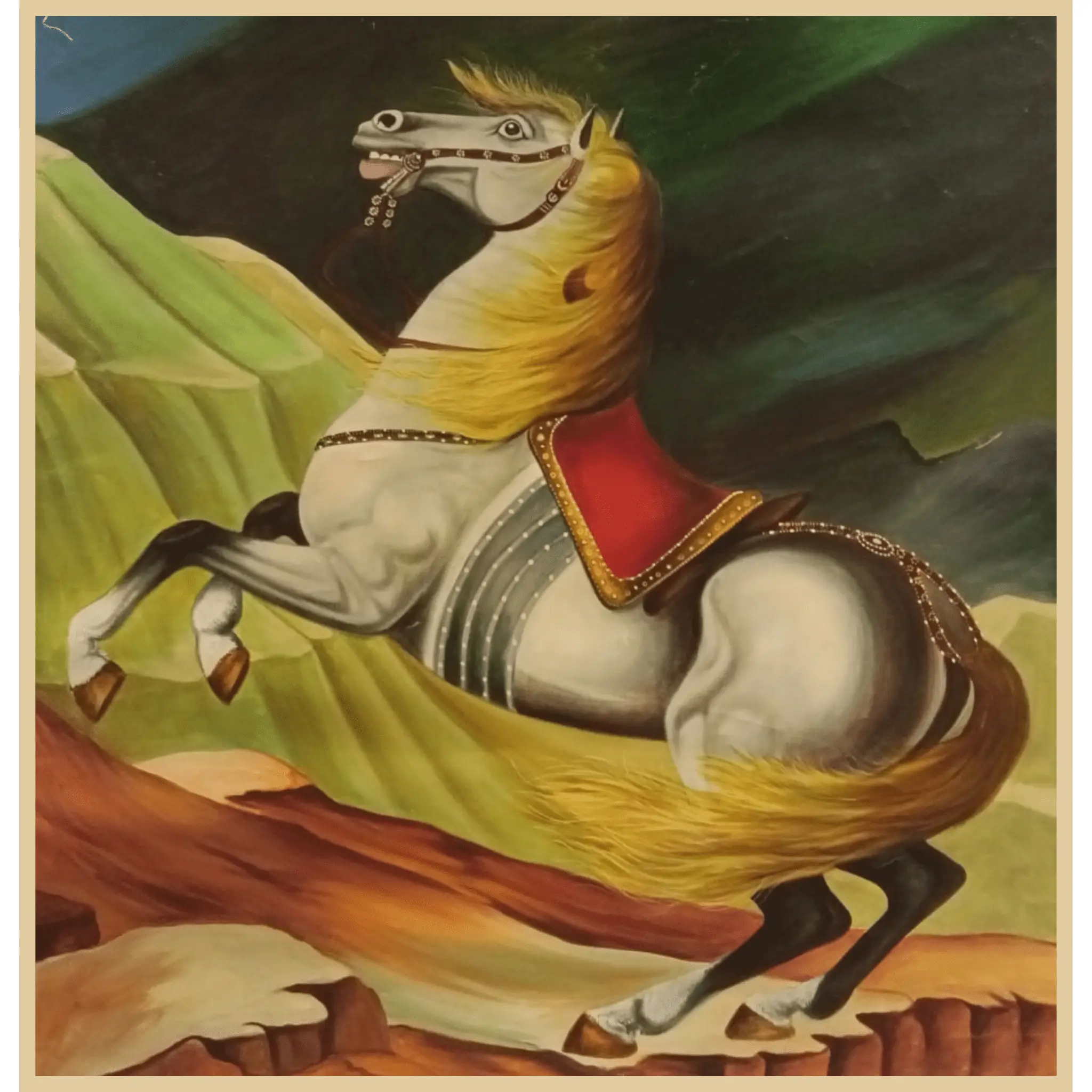 Royal Horse Oil Painting – Rearing Horse with Jeweled Saddle