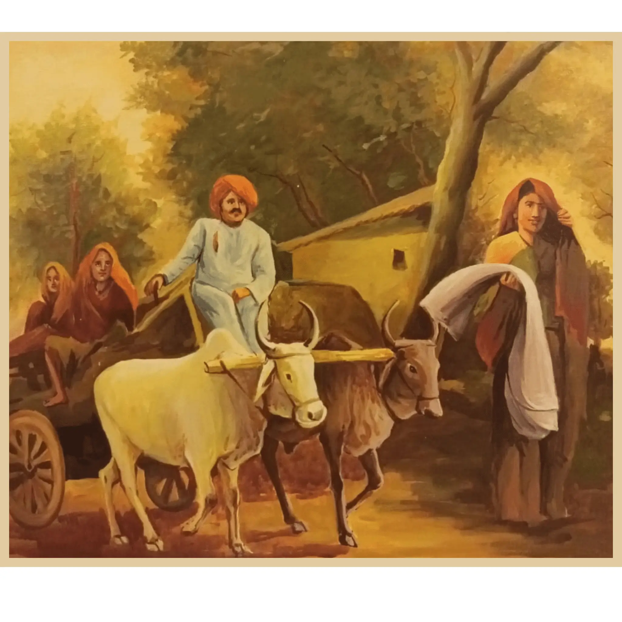 Village Life Oil Painting – Bullock Cart Journey Artwork