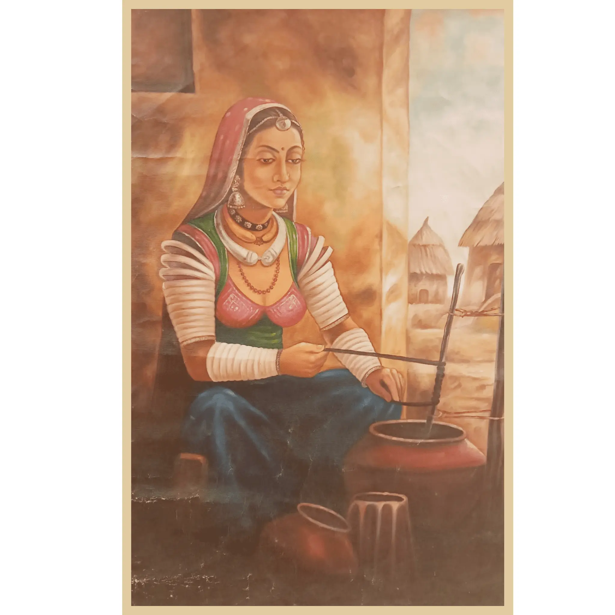 Rajasthani Woman Churning Buttermilk – Oil Painting