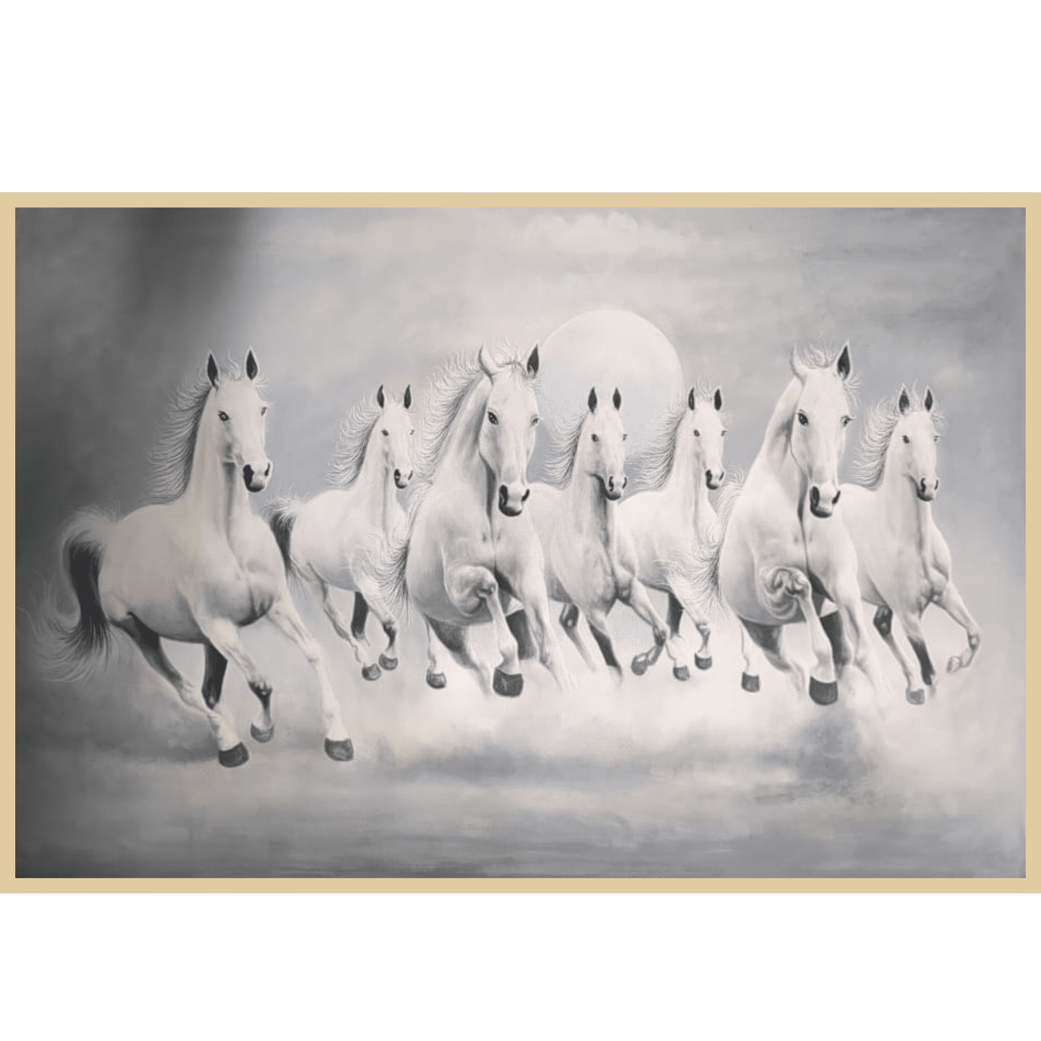 7 White Horses Oil Painting – Moonlight Vastu Wall Art for Prosperity, Peace & Progress