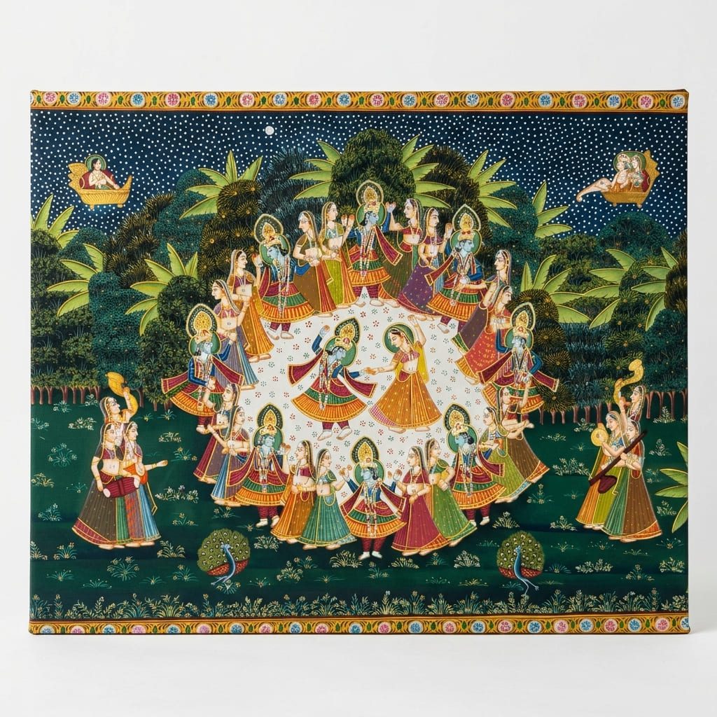 Raas Leela Pichwai Painting – Krishna's Moonlit Dance with Radha & Gopis, Nathdwara Handmade