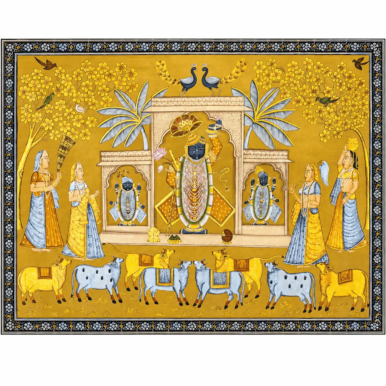 Shrinathji Pichwai Painting with Cows and Peacocks – Handmade