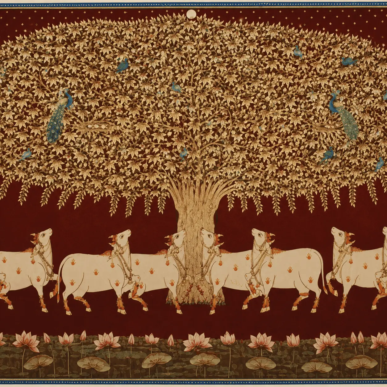 Tree of Life Pichwai Painting – Kamdhenu Cows on Maroon Background