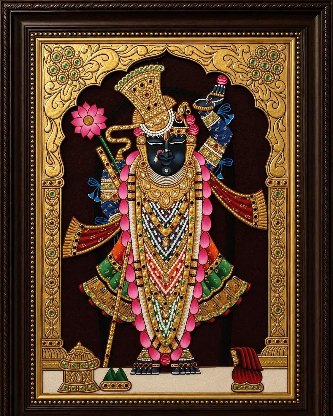 Shrinathji Tanjore Painting with Gold Foil, Lotus and Maroon Backdrop — Handmade by Nathdwara Artisans