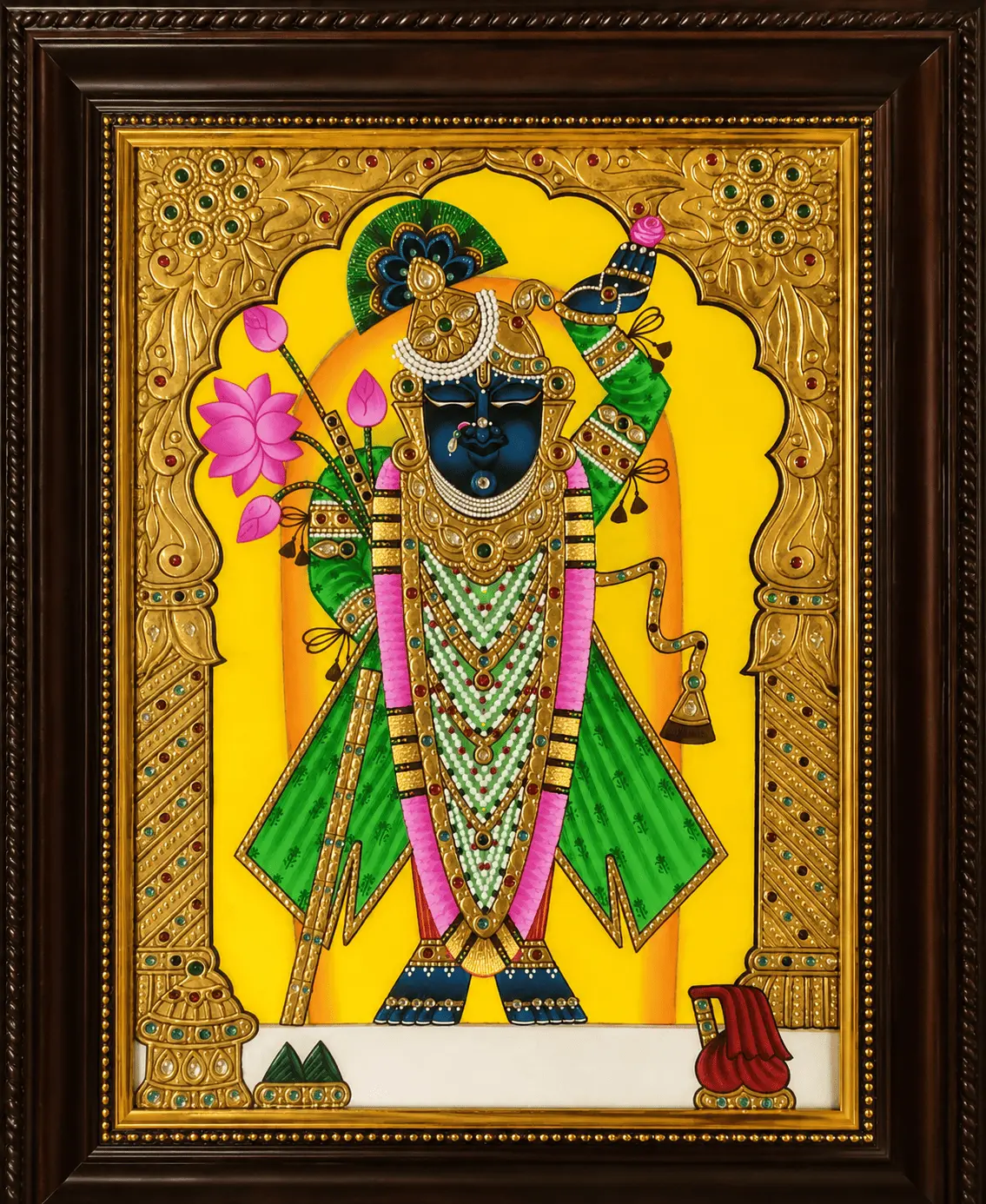 Shrinathji Tanjore Painting with Gold Foil and Lotus — Handmade by Nathdwara Artisans