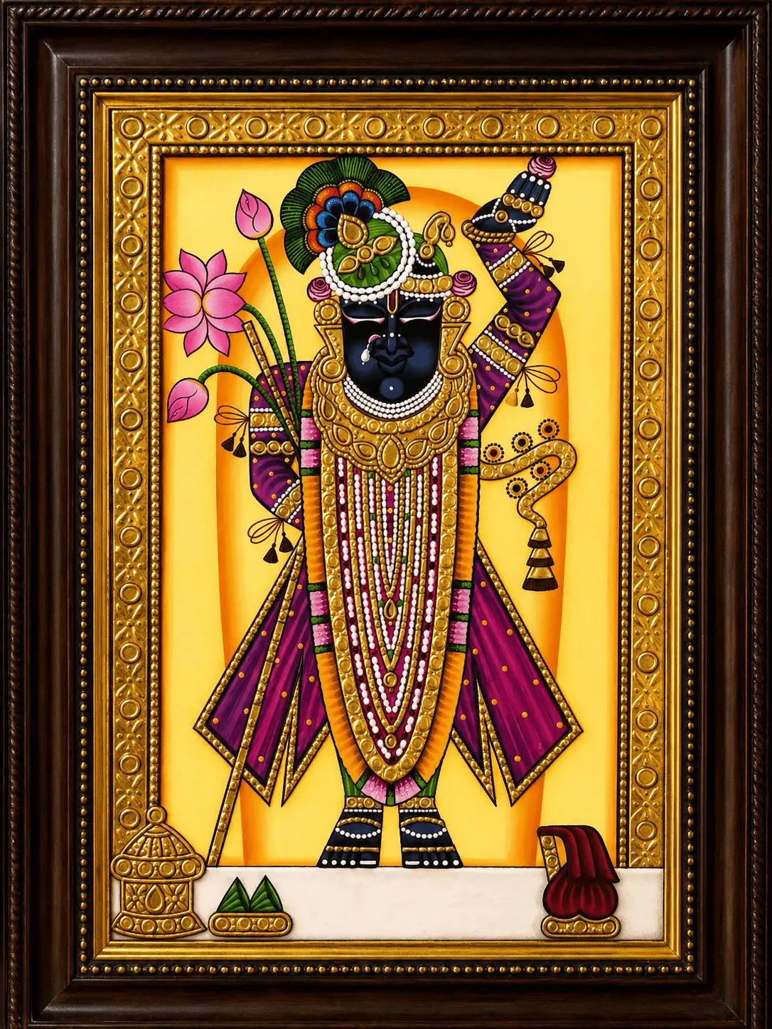 Shrinathji Tanjore Painting with Purple Attire and Ornate Wood Frame — Handmade by Nathdwara Artisans