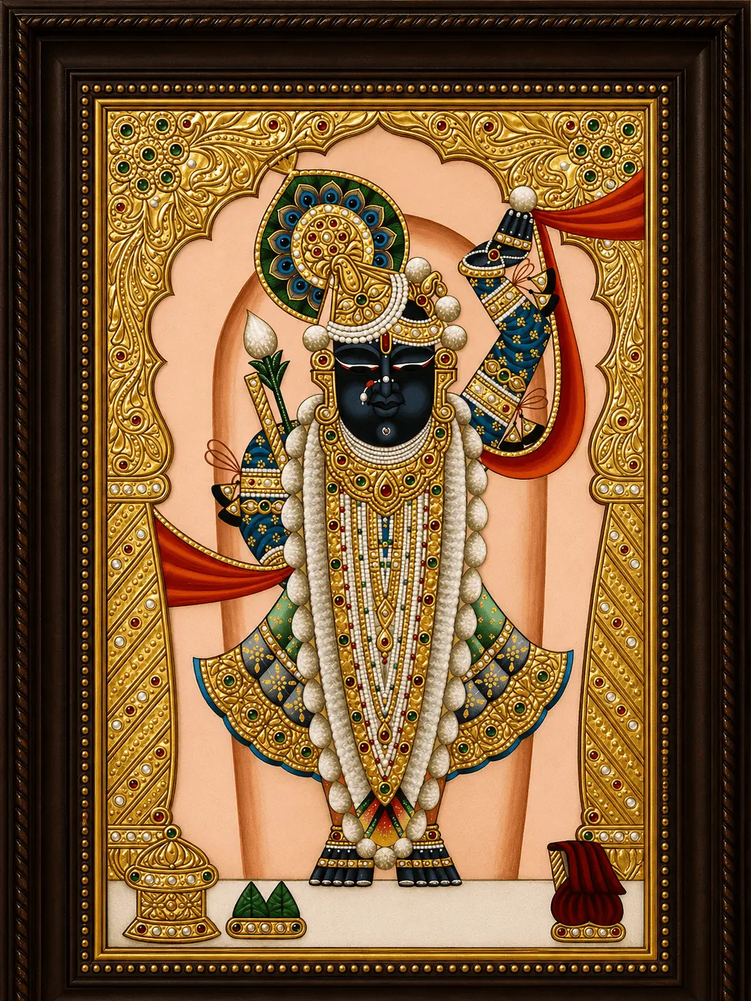 Shrinathji Tanjore Painting with Lotus Bud and Peacock Crown — Handmade by Nathdwara Artisans