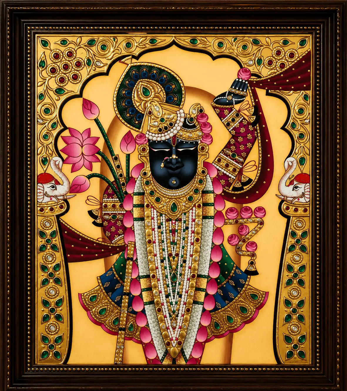 Shrinathji Tanjore Painting with Elephant Motifs and Lotus — Handmade by Nathdwara Artisans