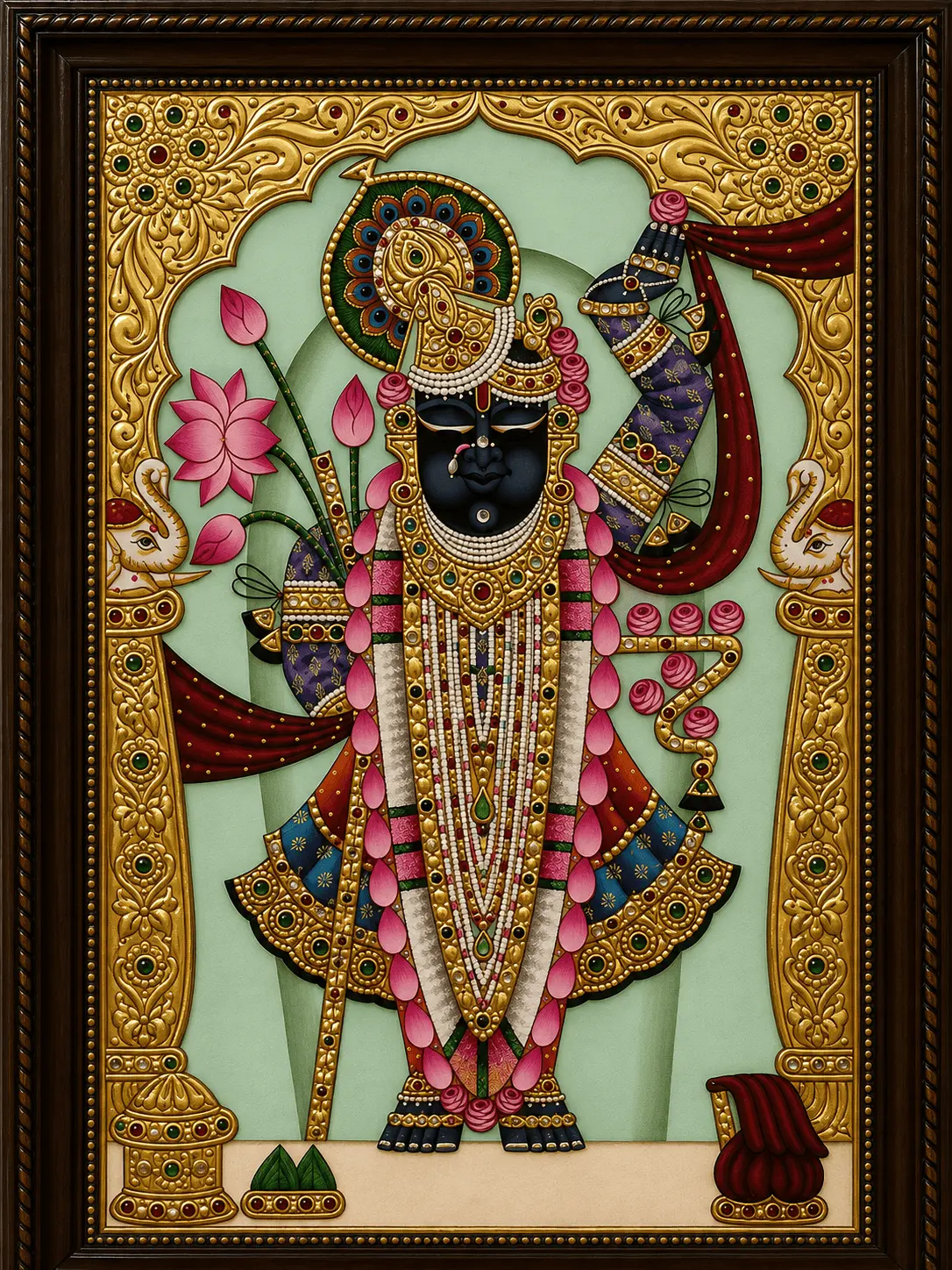 Shrinathji Tanjore Painting with Sage Green Backdrop and Elephant Motifs — Handmade by Nathdwara Artisans