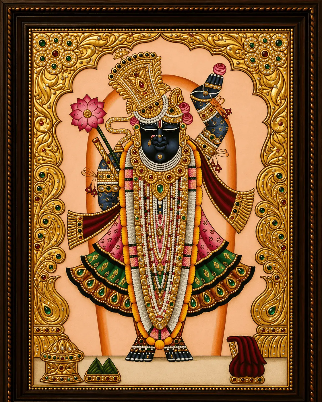 Shrinathji Tanjore Painting with Teal Peacock Skirt and Pearl Garlands — Handmade by Nathdwara Artisans