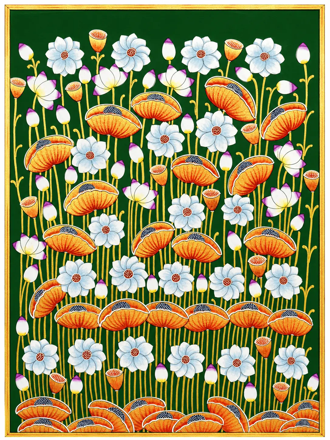 Handmade Lotus Pichwai Painting – Green & Gold, Natural Colors on Cotton Cloth (3x4 ft)