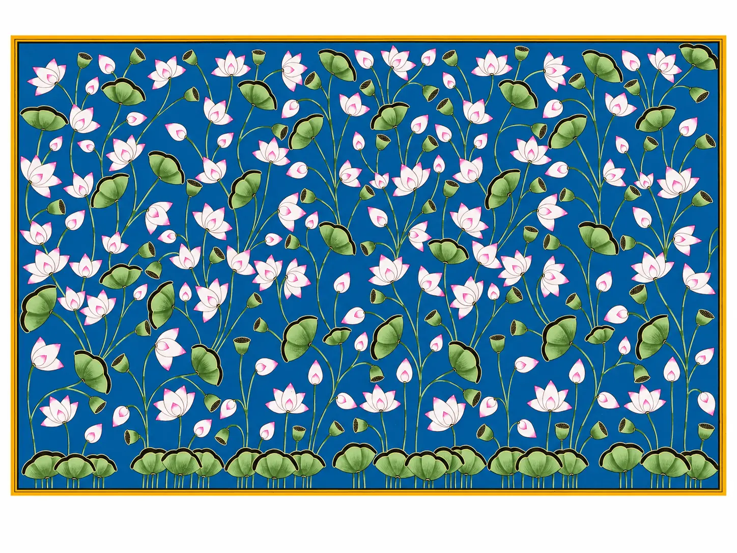Handmade Lotus Pichwai Painting – Blue Background, Landscape, Natural Colors on Cotton (4x3 ft)