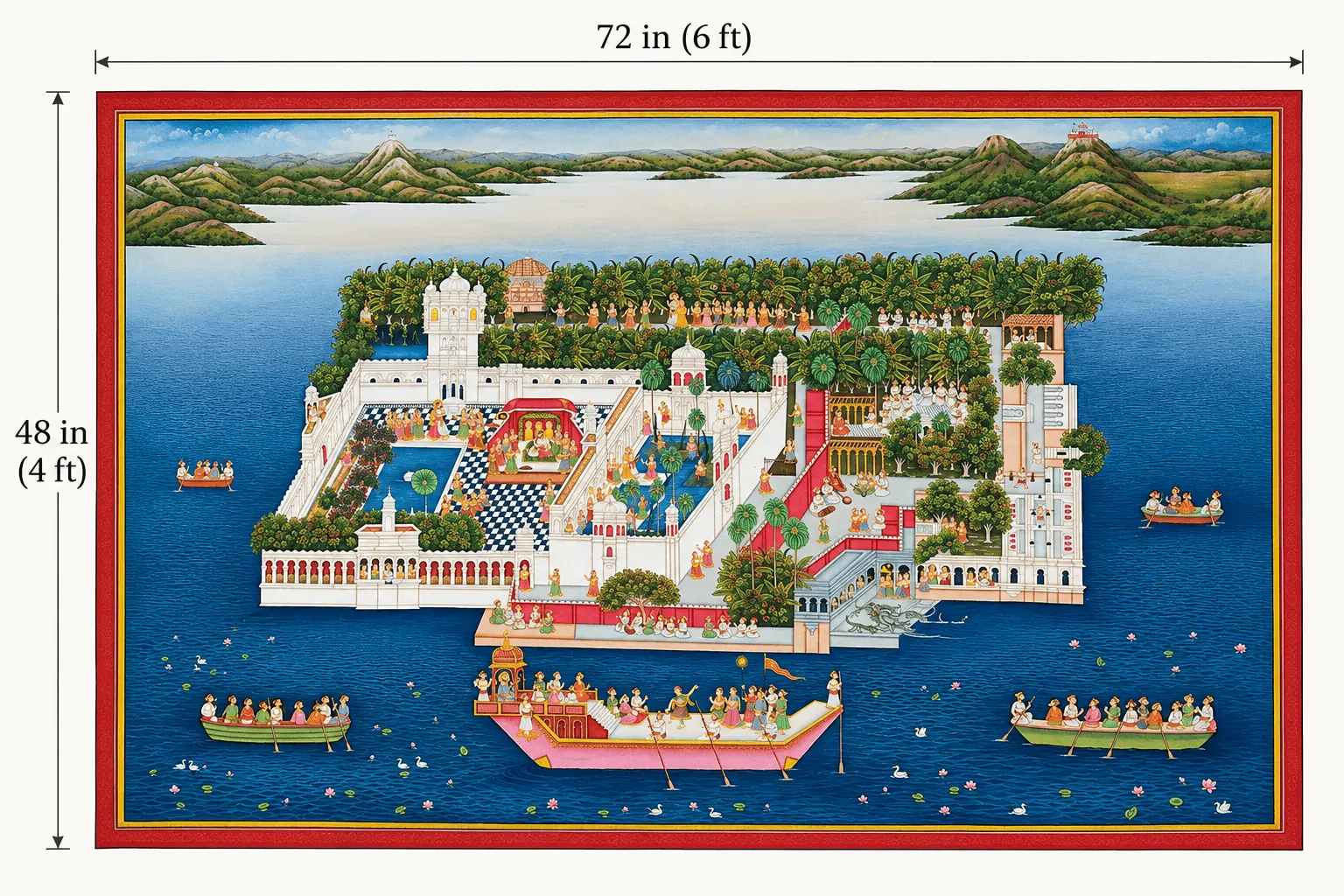 Jagmandir Island Udaipur Handmade Miniature Painting – 6x4 ft Rajasthani Art on Cotton Cloth