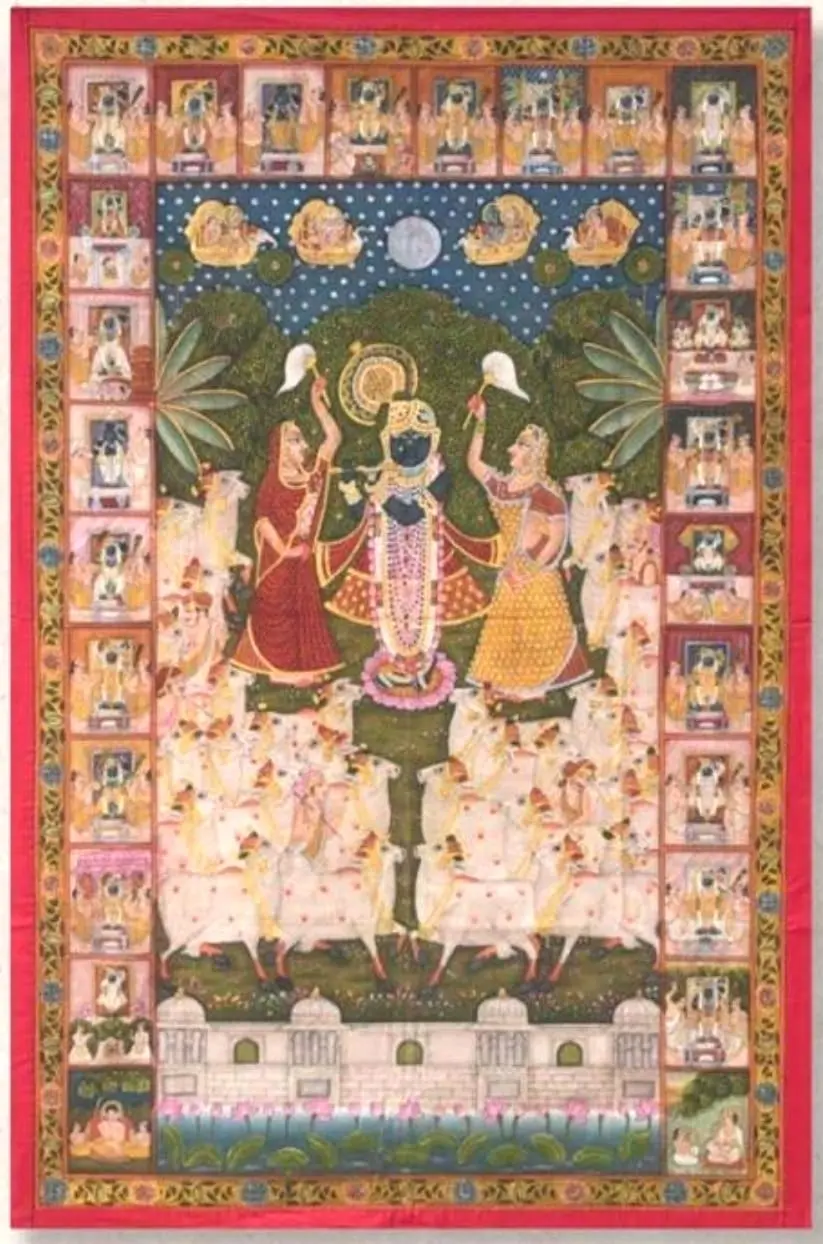 Handmade Shrinathji Chanwar Seva Pichwai Painting with Cow Herd