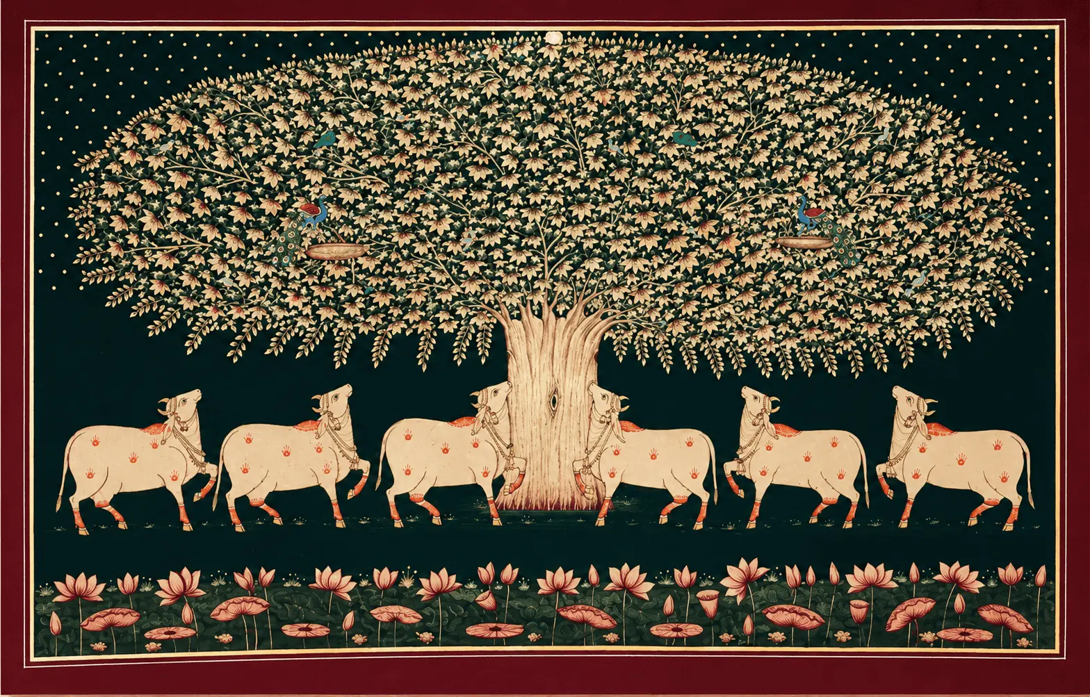 Tree of Life Pichwai Painting – Kamdhenu Cows Under Sacred Tree | Maroon Border