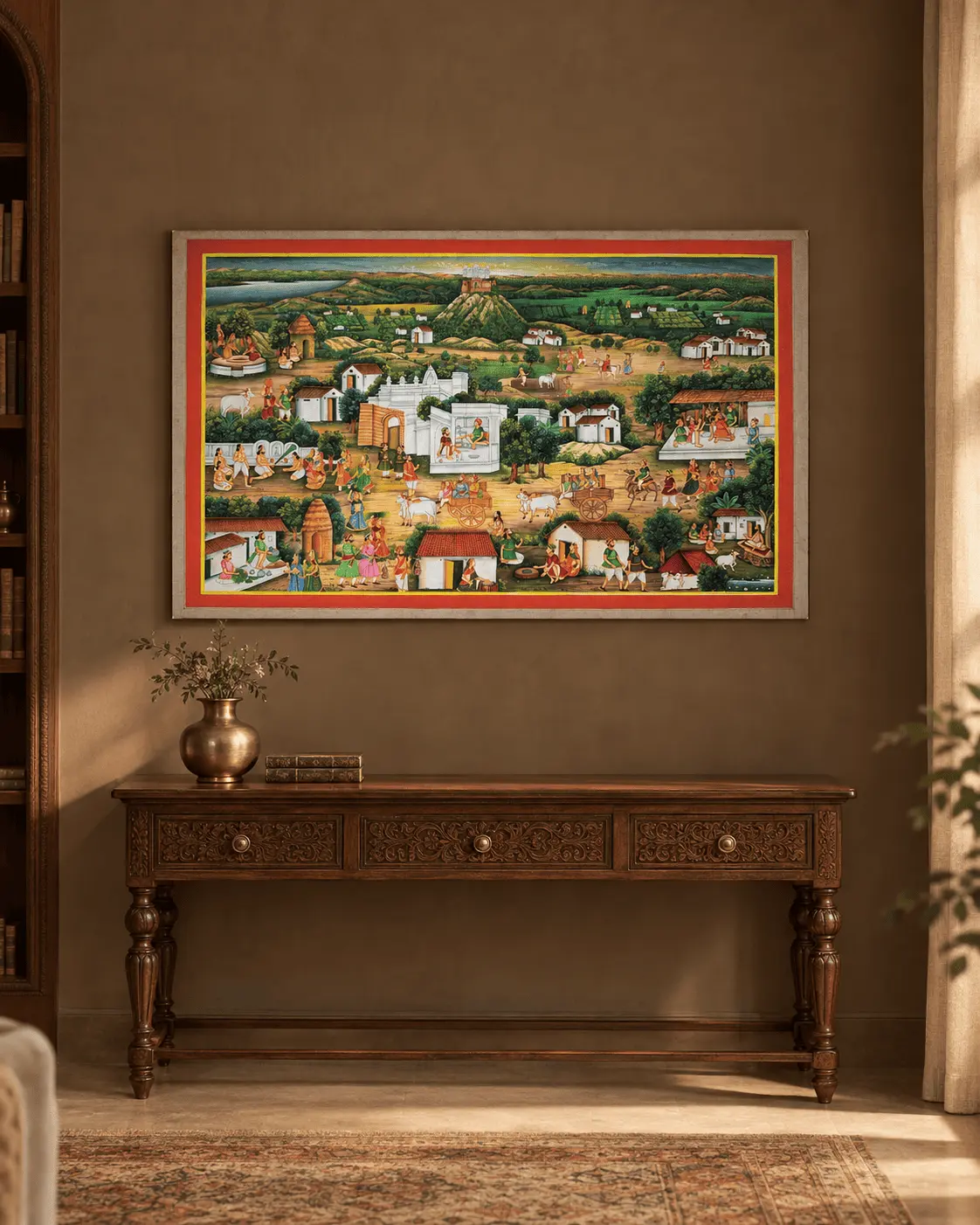 Rajasthani Village Life Scene Painting — Large 48x72 inch Miniature Artwork Luxury Wall Decor