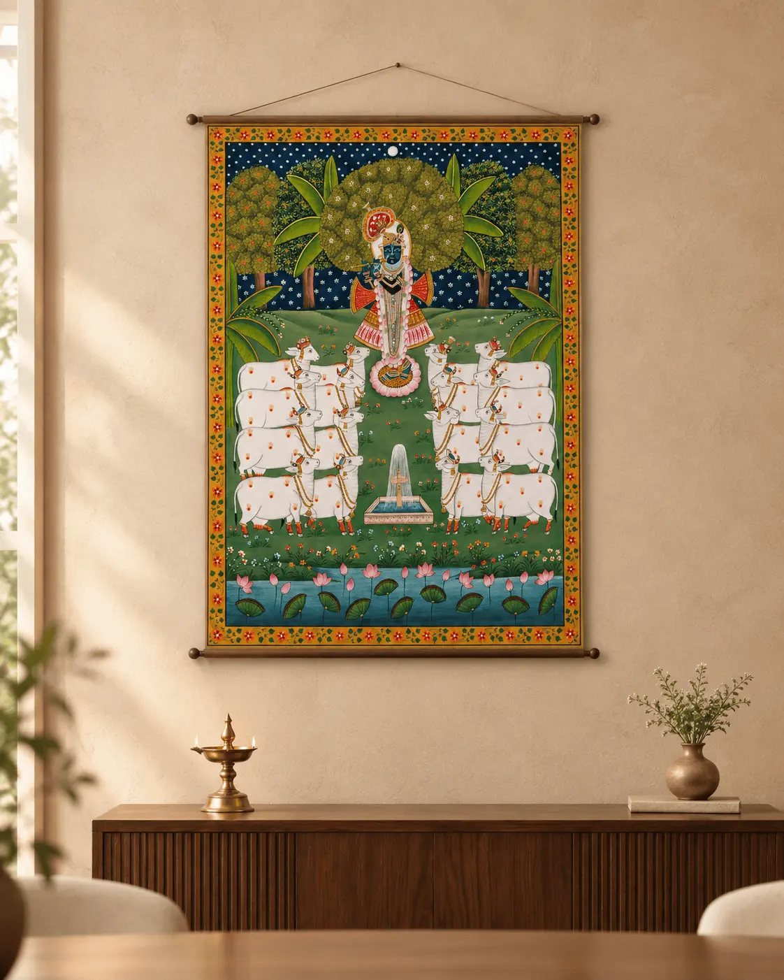 Handmade Gopashtami Pichwai Painting – Krishna with Cows, Night Scene, Natural Colors on Cotton (2x4 ft)