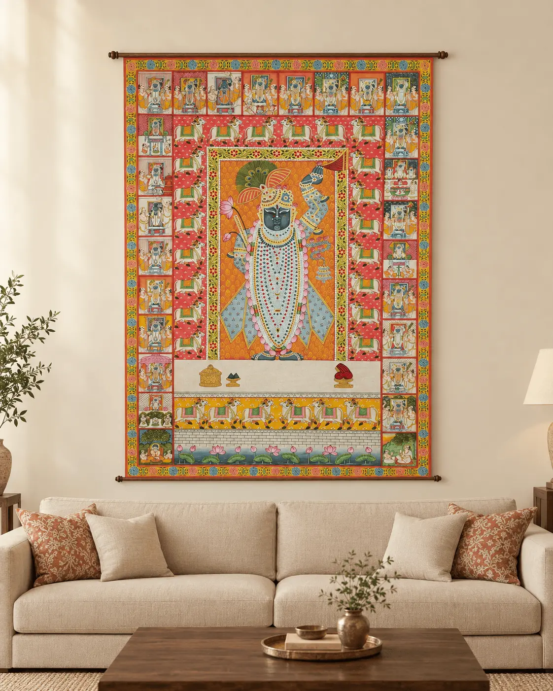 Handmade Shrinathji Darshan Pichwai Painting with Cow Border