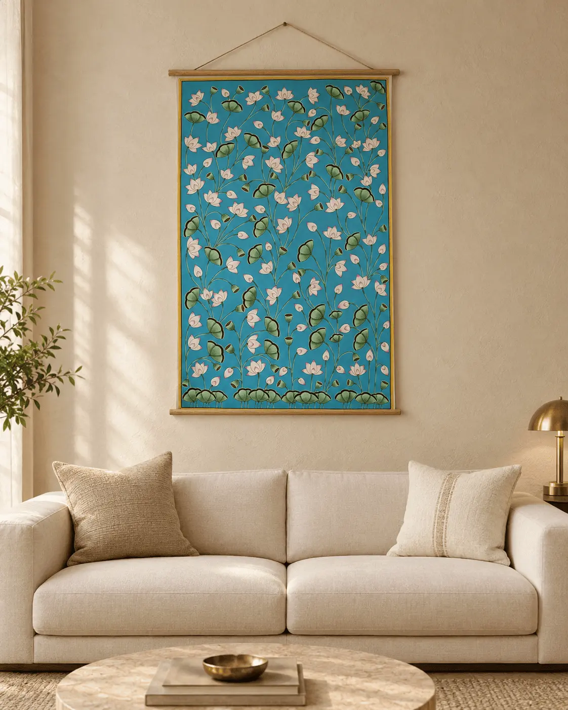 Handmade Lotus Pichwai Painting – Blue Background, Natural Colors on Cotton (3x4 ft)