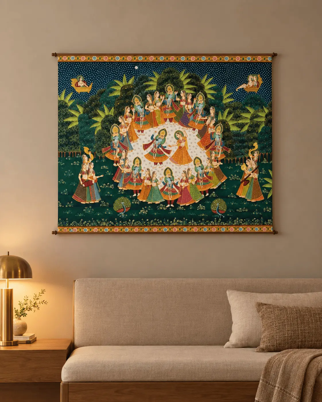 Raas Leela Pichwai Painting – Krishna's Moonlit Dance with Radha & Gopis, Nathdwara Handmade