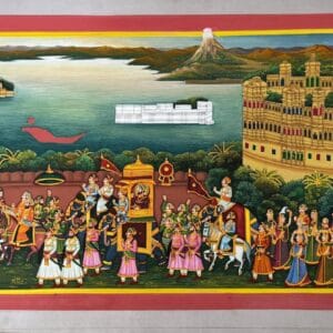 Handmade Rajasthani miniature painting of a royal possession procession in traditional setting