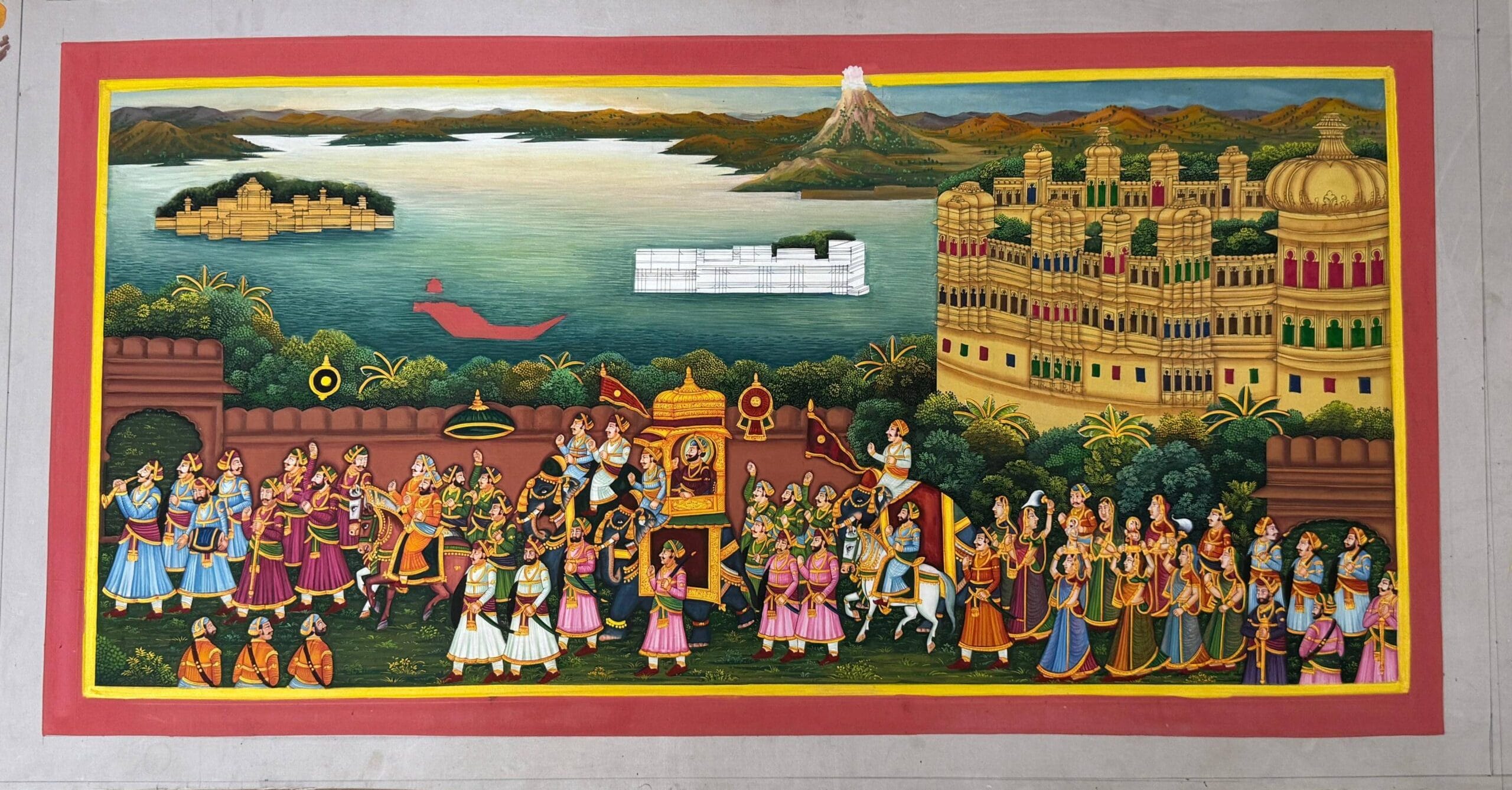 Handmade Rajasthani miniature painting of a royal possession procession in traditional setting