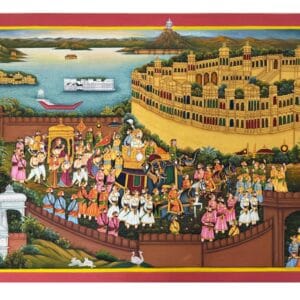 Rajasthani miniature painting showing royal possession procession in traditional style
