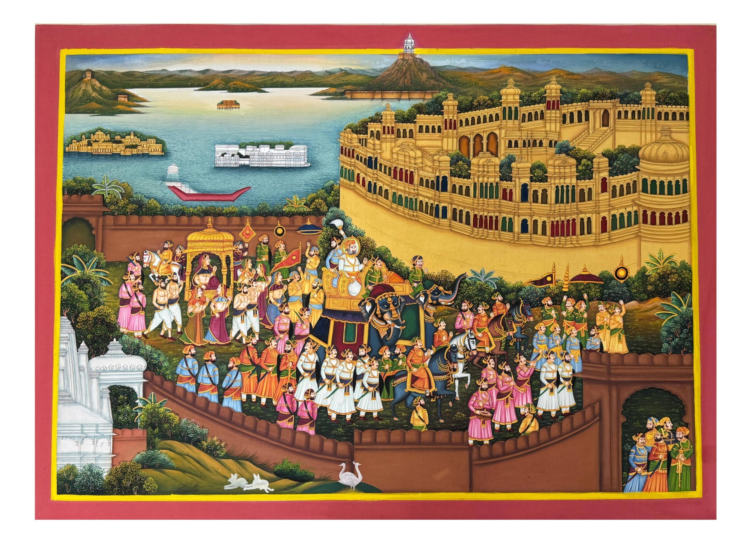 Rajasthani miniature painting showing royal possession procession in traditional style