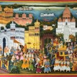 Traditional miniature painting of a Rajasthani royal procession with elephants and palace architecture