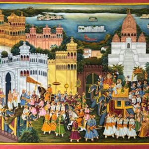 Traditional miniature painting of a Rajasthani royal procession with elephants and palace architecture