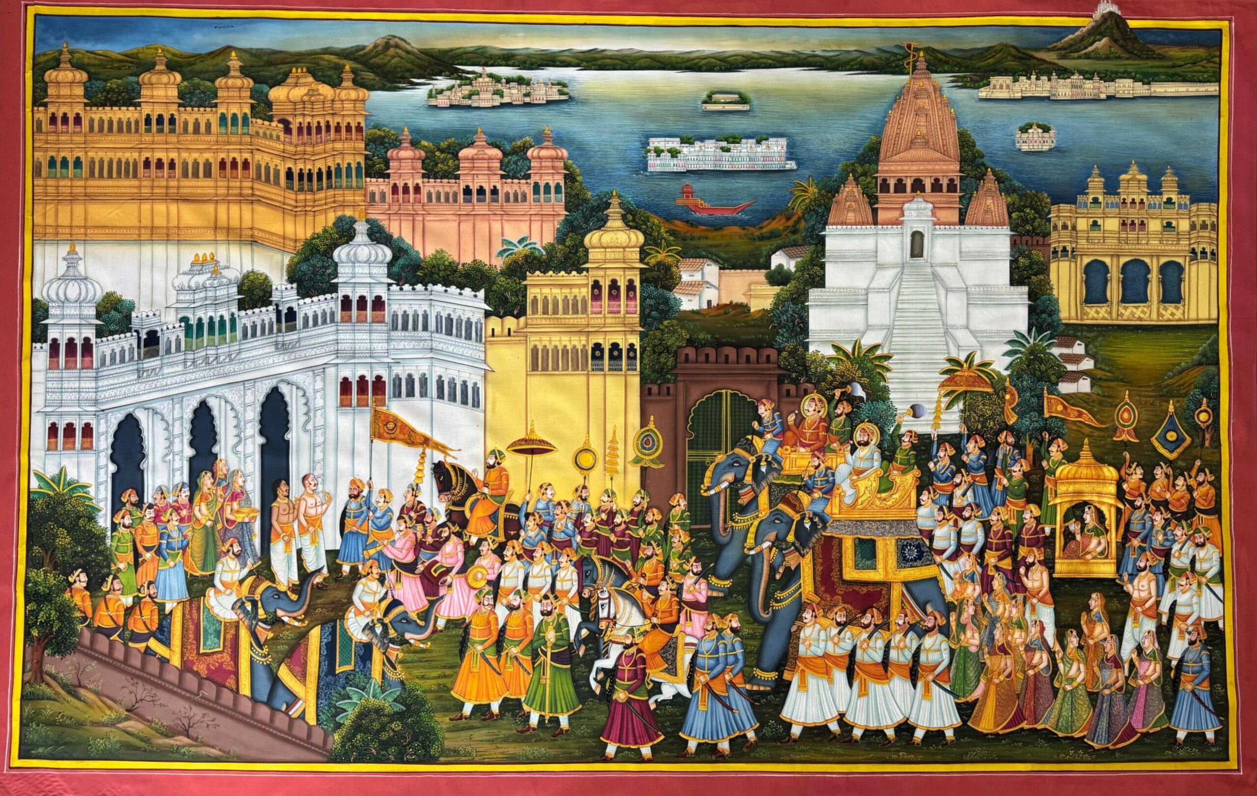 Traditional miniature painting of a Rajasthani royal procession with elephants and palace architecture