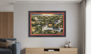 Hand-painted Indian miniature painting featuring a lush landscape with wildlife, framed on a modern living room wall for luxury wall decor.