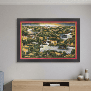 Hand-painted Indian miniature painting featuring a lush landscape with wildlife, framed on a modern living room wall for luxury wall decor.