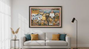 Royal Heritage Indian Miniature Painting with intricate hand-painted details, framed on a modern living room wall for luxury home decor.