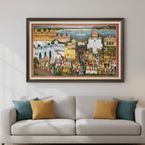 Royal Heritage Indian Miniature Painting with intricate hand-painted details, framed on a modern living room wall for luxury home decor.