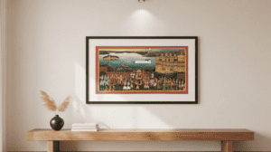 Hand-painted Indian miniature painting of a royal Udaipur procession on a luxury wall, perfect for Rajasthani home decor.