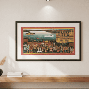 Hand-painted Indian miniature painting of a royal Udaipur procession on a luxury wall, perfect for Rajasthani home decor.