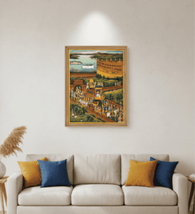 Handcrafted Indian miniature painting of Udaipur City Palace and Lake Pichola with royal procession, framed for wall decor.