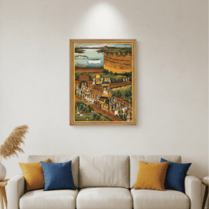 Handcrafted Indian miniature painting of Udaipur City Palace and Lake Pichola with royal procession, framed for wall decor.